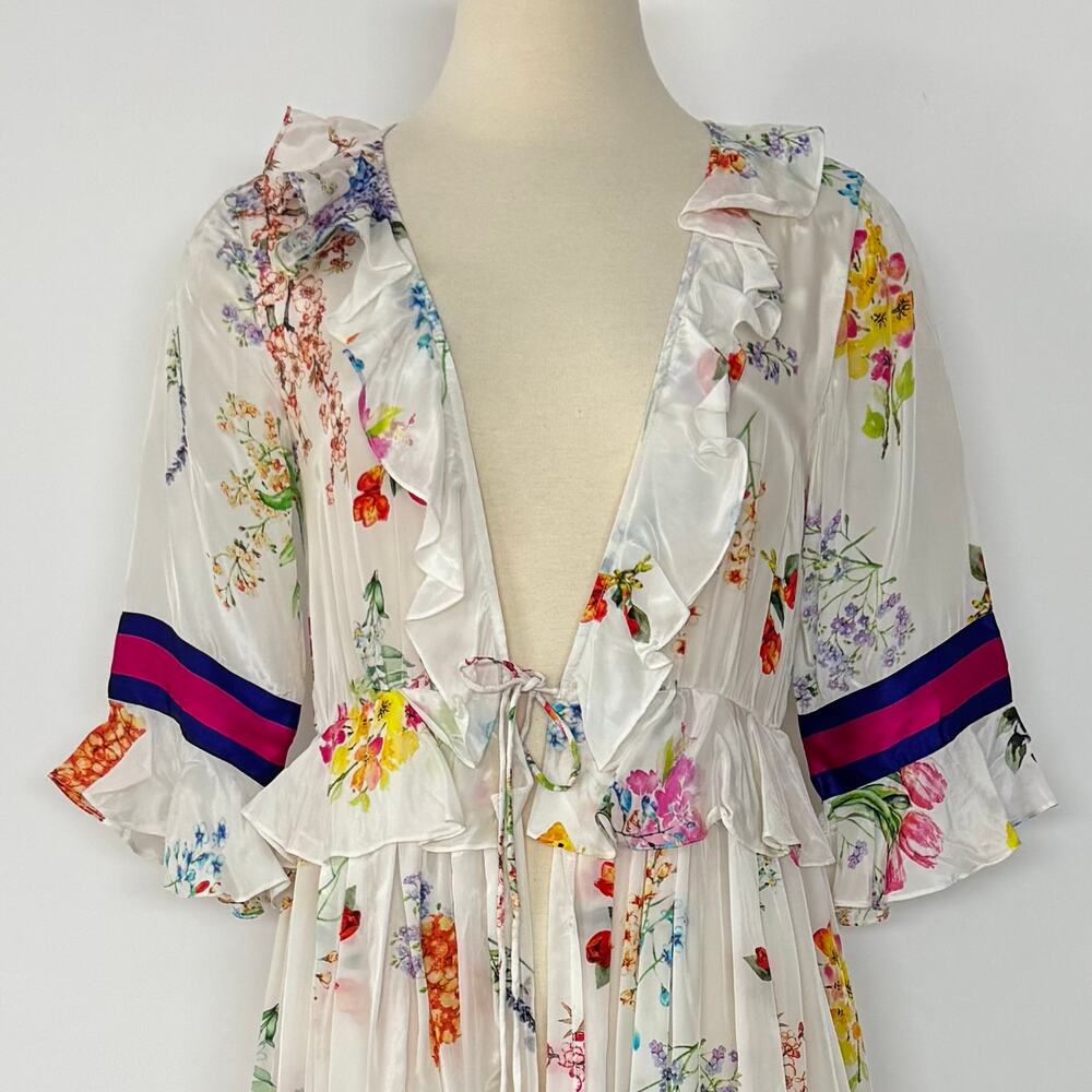 Rococo Sand Satin Kimono Coverup Tiered Ruffle Maxi Open-Front Duster Topper S - Picture 3 of 13